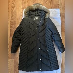 MICHAEL Michael Kors Green and Cream Puffer Jacket with Faux Fur Hood